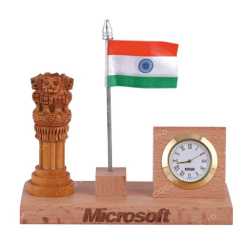 Wooden Table Top Pen Holder with Clock, National Flag and Ashoka Emblem