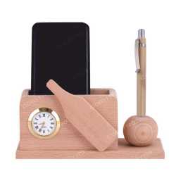 Cricket Wooden Table Top Pen Holder with Clock