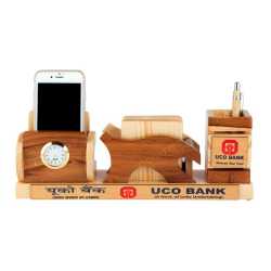 Wooden Pen Holder with Coaster Plates, Mobile Holder and Clock 