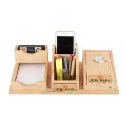 Wooden Table Top Pen Holder with Clock, SlipPad Holder and Mobile Holder