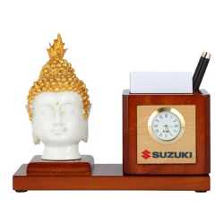Lord Buddha Wooden Table Top Pen Holder with Clock