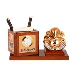 Lord Ganesha Wooden Table Top Pen Holder with Clock